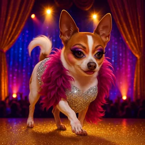 A chihuahua in a pink feather boa and a sequin bodice strutting across a spotlit stage