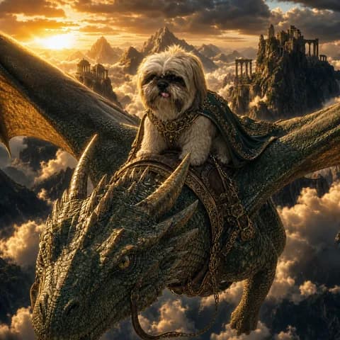 A shih tzu riding a green dragon above the clouds at sunset