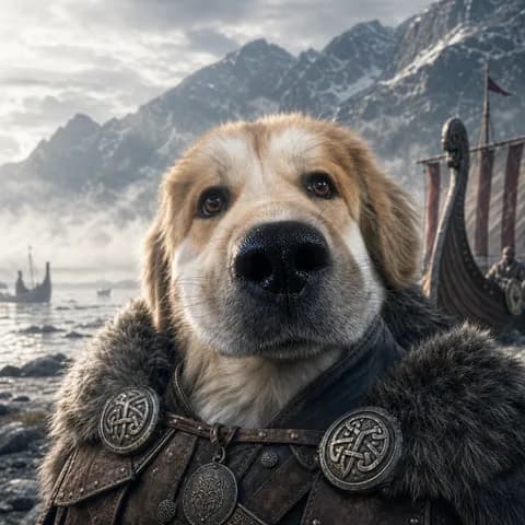 A fluffy dog in fur-trimmed Viking armour before snowy mountains and longships