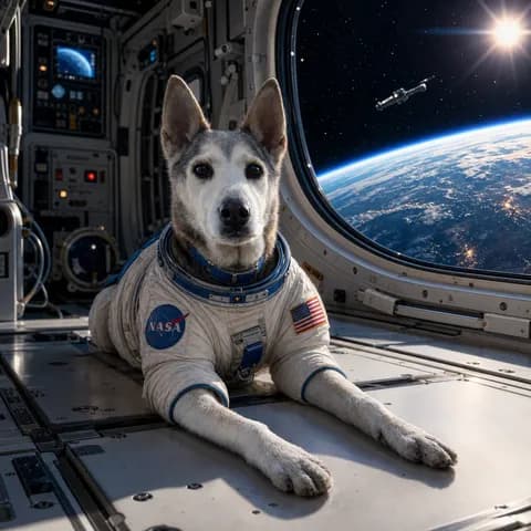 A dog in a NASA spacesuit lying in a space station, Earth in the window behind