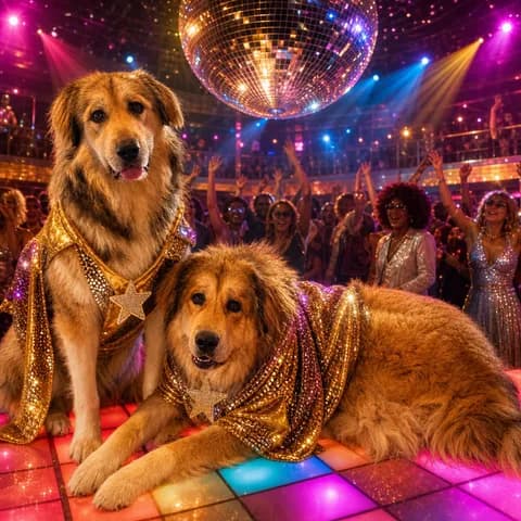 Two golden retrievers in gold sequin capes on a lit-up disco floor under a mirror ball