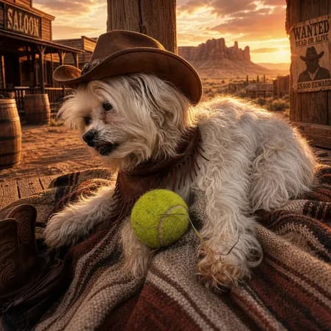 A shaggy white dog in a cowboy hat with a tennis ball in a sunset frontier town