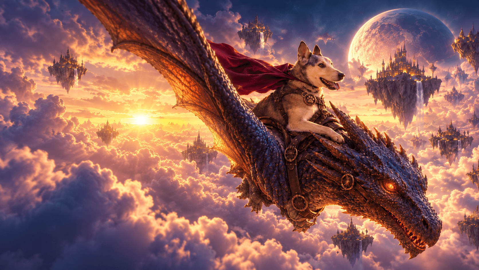 A husky in a red cape riding a dragon through a sunset sky past floating castles and a giant moon