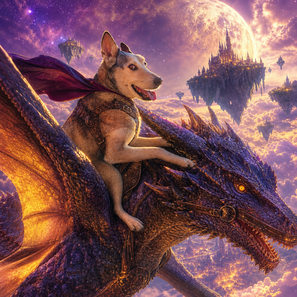 A pet riding a dragon, in Guzzy World art